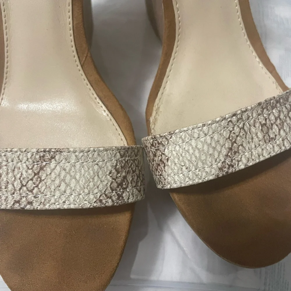 Mark Fisher beige suede and snake embossed ankle strap cork‎ wedges.
